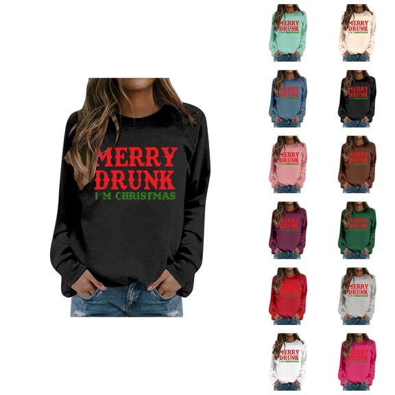 Merry Drunk I'm Christmas Sweatshirts for Women Long Sleeve Crewneck Funny Santa Joke Sweatshirt Pullover Tops