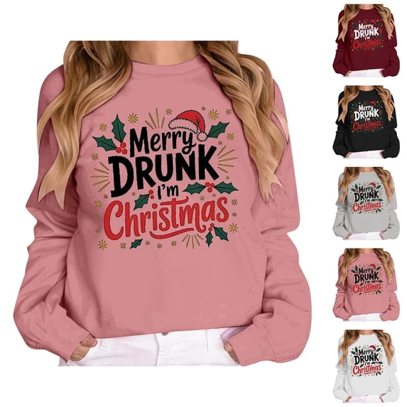 Merry Drunk I'm Christmas Sweatshirts for Women Long Sleeve Loose Casual Crewneck Funny Graphic Sweatshirt Pullover Tops