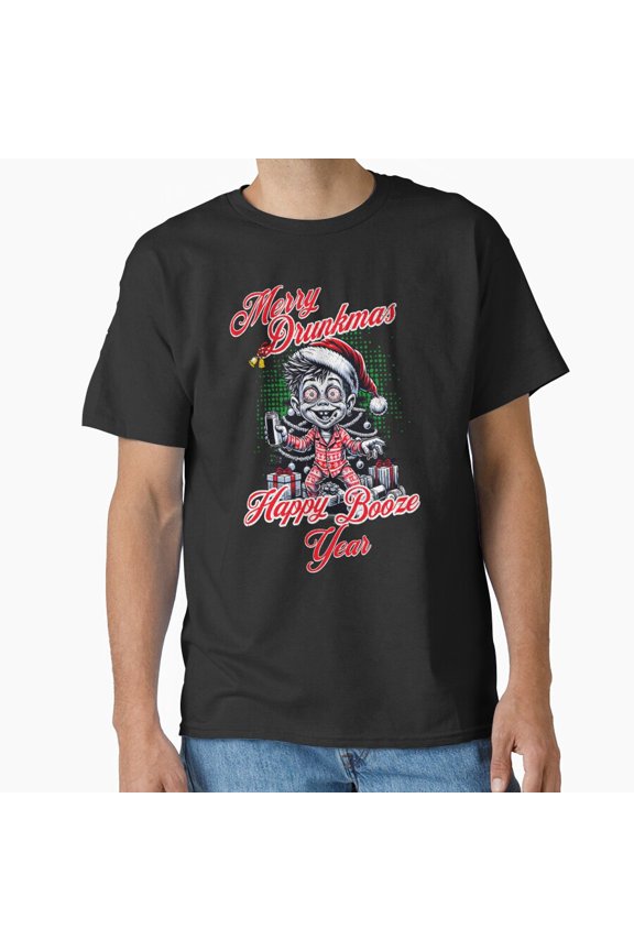 Merry Drunkmas, Happy Booze Year, Funny Holiday Drinking Themed Pun G29144 Unisex T-Shirt, Up to Size 5XL