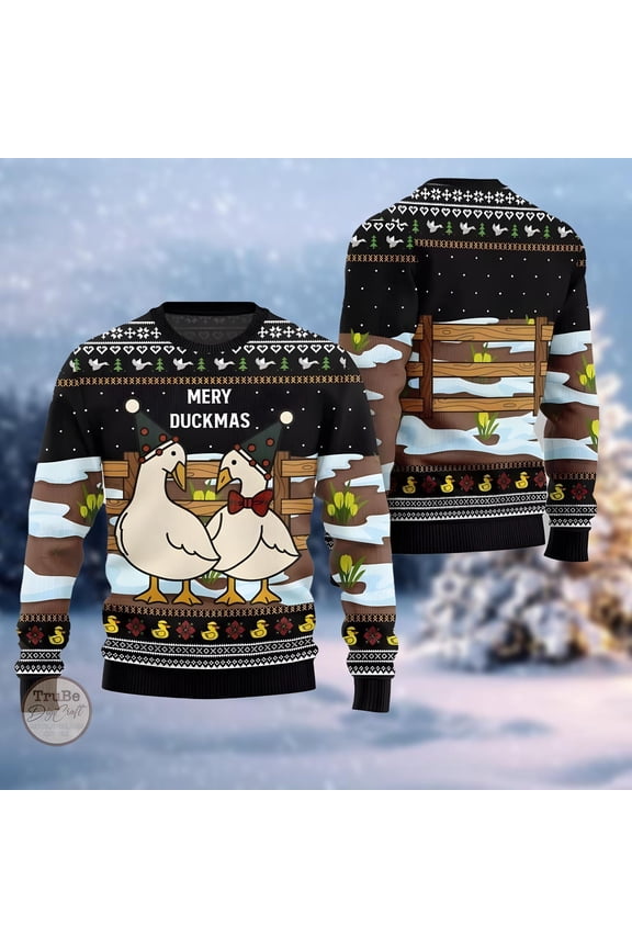 Merry Duckmas Ugly Sweater, Funny Duck Christmas Sweater, Cute Duck Sweater, Idea Christmas Gift for Men Women, Holiday Eve Sweater