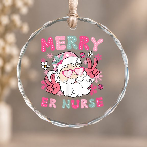 Merry ER Nurse Christmas Emergency Nurse Xmas Party Theme Ornament, Seasonal Decor, Circle Glass Ornament