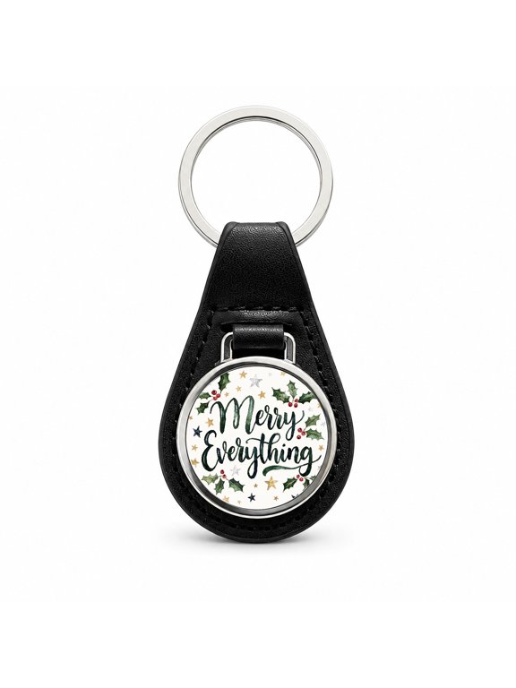 Merry Everything Christmas Green Metal Black Leather Keychain