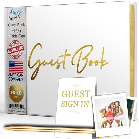 Merry Expressions Gold Guest Book & Pen - 9"x7" Hardcover White Polaroid Book 100 Page/50 Sheets - F Gilded Edges for Guests & Visitors to Sign at a Wedding, Party, Baby or Bridal Shower