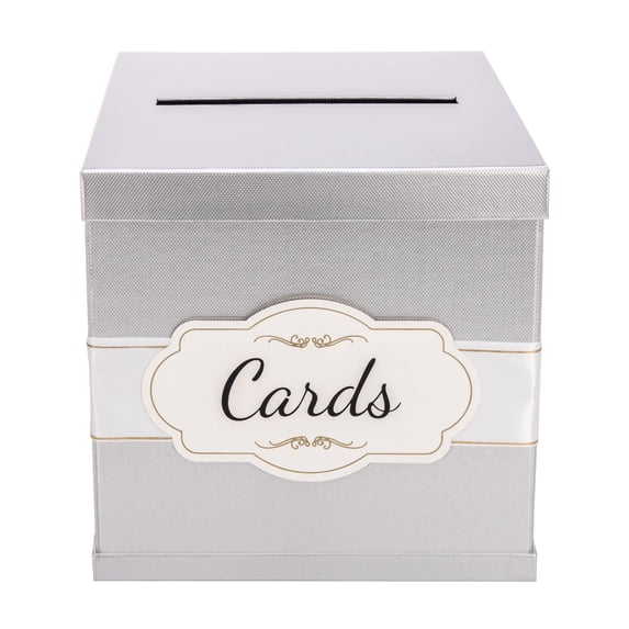 Merry Expressions Silver Card Box with Gold Foil Satin Ribbon & Cards Label. A Large Card Holder Gift Box Size 10"x10"x10"