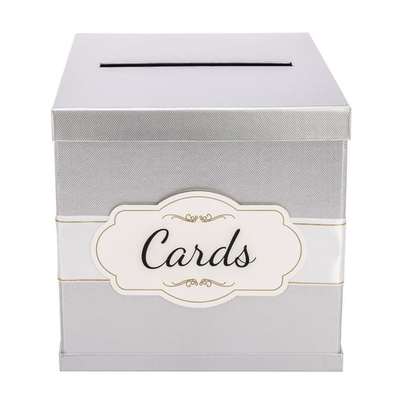 Merry Expressions Silver Card Box with Gold Foil Satin Ribbon &amp; Cards Label. A Large Card Holder Gift Box Size 10"x10"x10"