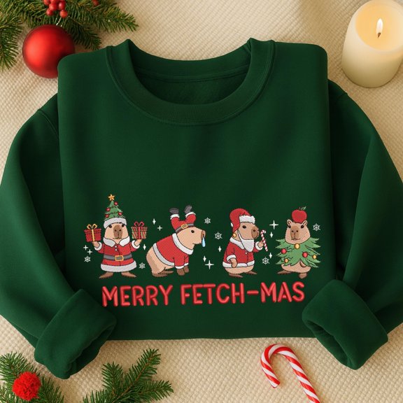 Merry Fetch-Mas Capybara Embroidered Sweatshirt, Christmas Capybara Embroidered Shirt, Cute Animals Gift, Winter Gift, Winter Season Gift