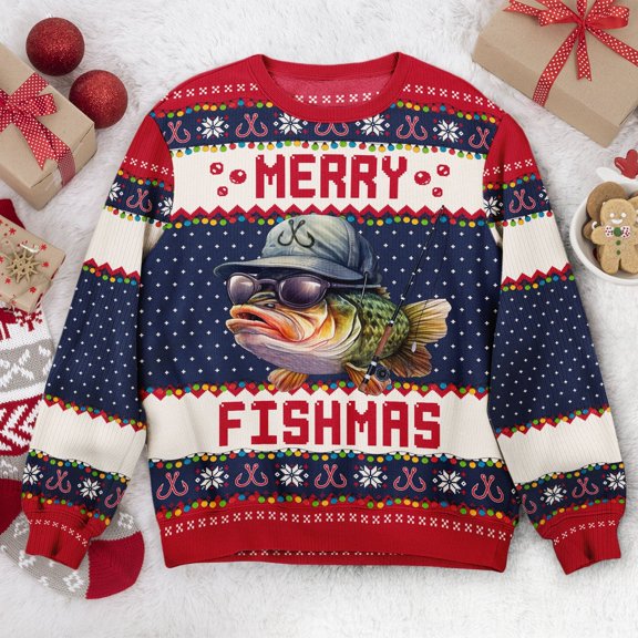 Merry Fishmas Christmas Sweater, Funny Fishing Ugly Sweater for Dad Grandpa, Fisherman Holiday Shirt, Xmas Gift for Men