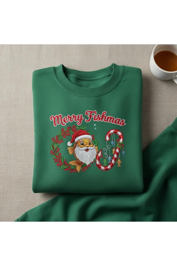 Merry Fishmas Embroidered Crewneck, Santa Fish Candy Cane Hook Sweater, Funny Fisherman Christmas Sweatshirt, Holiday Wreath Gift