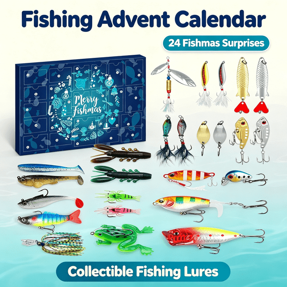 Merry Fishmas Fishing Advent Calendar 2026 Christmas Countdown Blind Box, 24Pcs Fishing Lures Tackle Set for Adult Anglers Holiday Gift