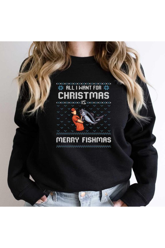 Merry Fishmas Funny Ugly Christmas Sweater Holiday Fishing Graphic - Stocking Stuffer SW6024 Unisex Sweatshirt, Up to Size 5XL