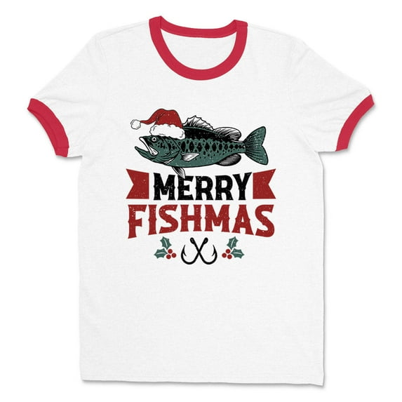 Merry Fishmas Ringer Tee Shirt Unisex X-Large White/Red