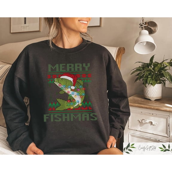 Merry Fishmas Shirt, Dad Christmas T-Shirt, Fisherman Christmas Shirt, Fishing Christmas Sweatshirt,Black Color,Size 3XL