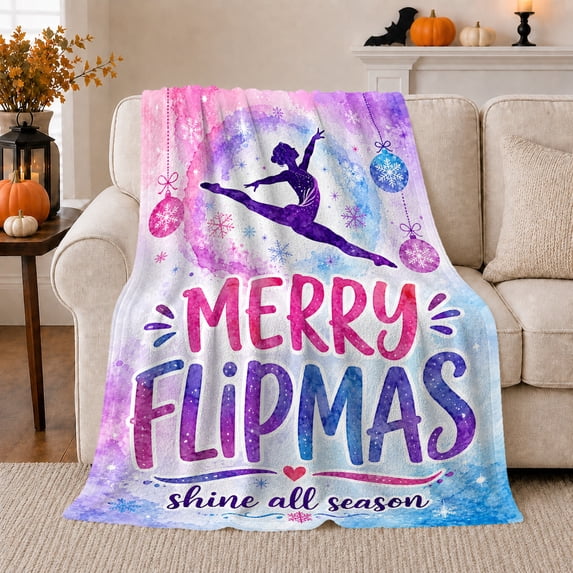 Merry Flipmas Gymnast Silhouette, Festive Holiday Scene, Warm Flannel Blanket for Living Room and Reading Nook, Art Lovers Valentine's Day Gift, Festive Home Decor