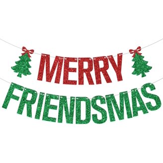 Red Glitter Merry Friendsmas Banner – Weihnachtsfeier-Deko Aus Papier Mit Glitzer – Selbst Zusammenbaubar Für Kuchen & Fotokulisse