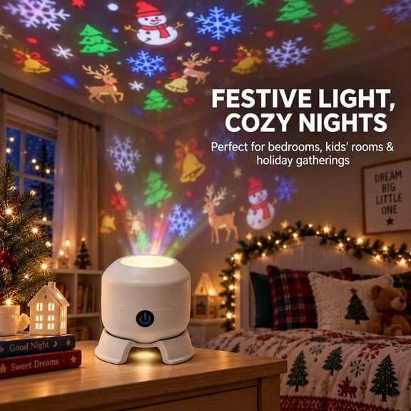 Merry Glow Christmas Projector,Holiday Projector with Moving Christmas Scenes,Festive Ambiance Light for Bedroom and Movie Nights