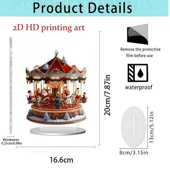 Merry-Go-Round Carousel Decor, Traditional 2D Acrylic Christmas Carousel Horse, Festive Tabletop Decoration