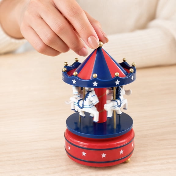 Merry Go Round Carousel Music Box, Red Blue White Collectible Figurine, Musical Rotating Horses for Shelf Decor, Independence Day Style