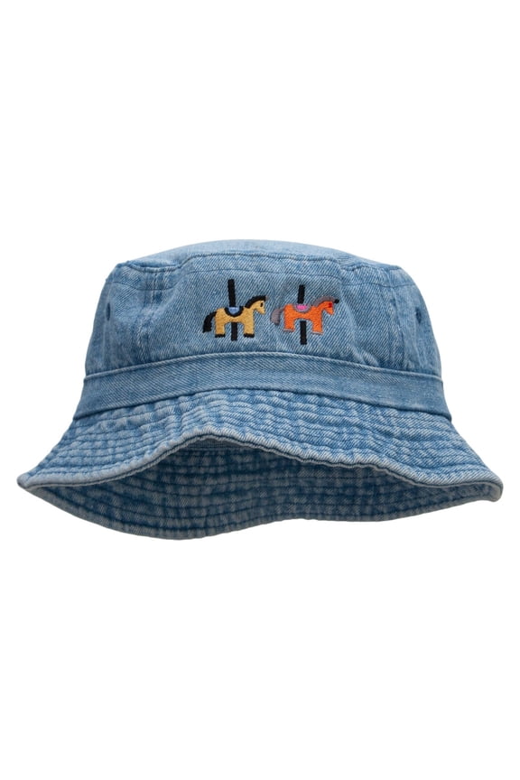 Merry-Go-Round Embroidered Pigment Dyed Bucket Hat - Lt Denim OSFM