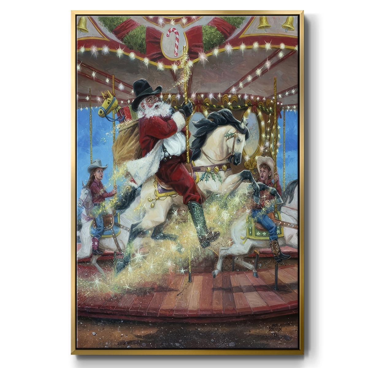 Merry Go Round - Framed Gallery Wrapped Holiday Canvas - 17 x 25 - Gold Frame