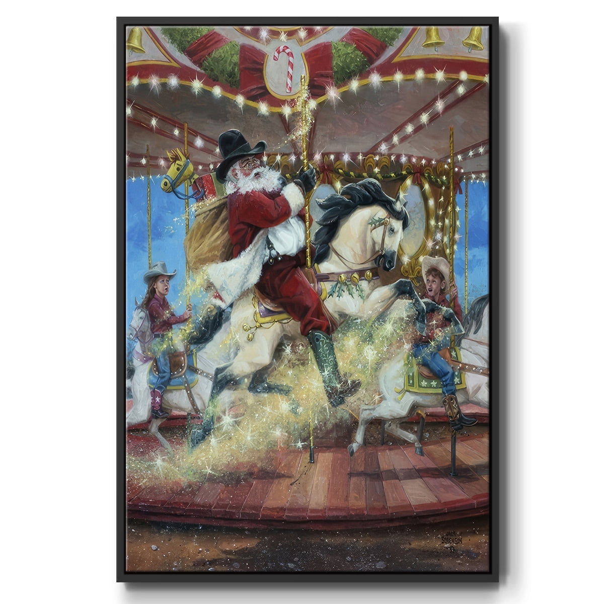 Merry Go Round - Framed Gallery Wrapped Holiday Canvas - 25 x 37 - Black Frame