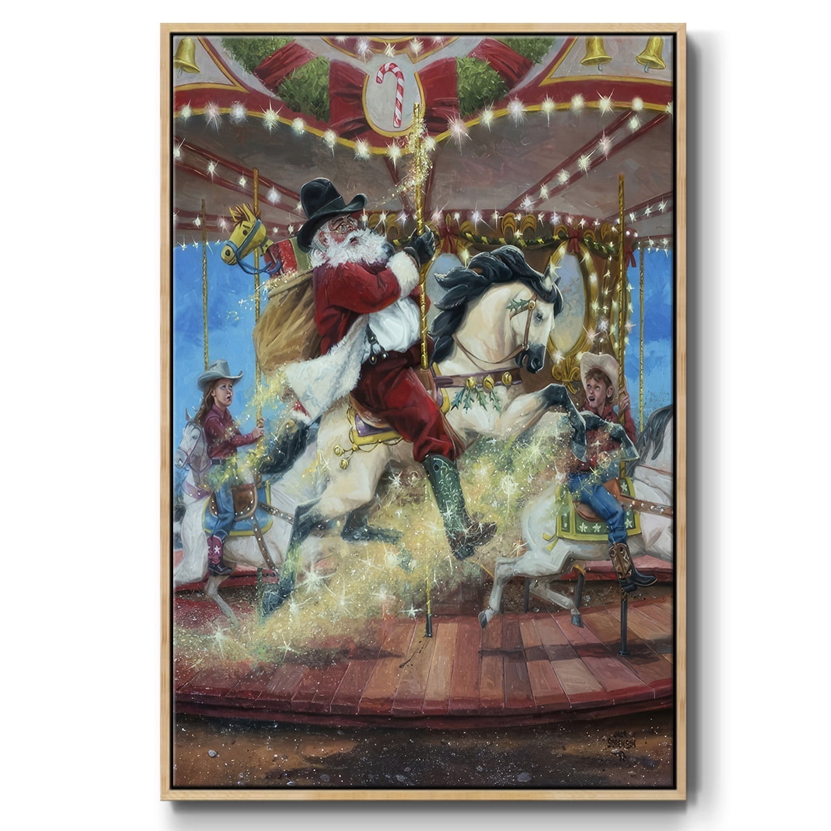 Merry Go Round - Framed Gallery Wrapped Holiday Canvas - 25 x 37 - Natural Wood Frame