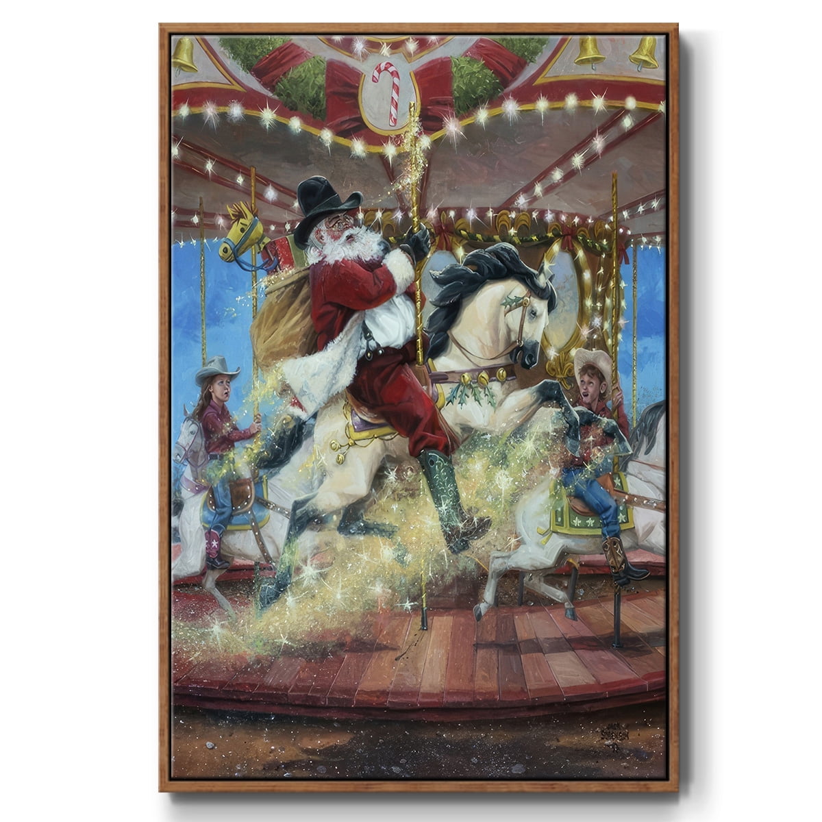 Merry Go Round - Framed Gallery Wrapped Holiday Canvas - 25 x 37 - Rosewood Frame