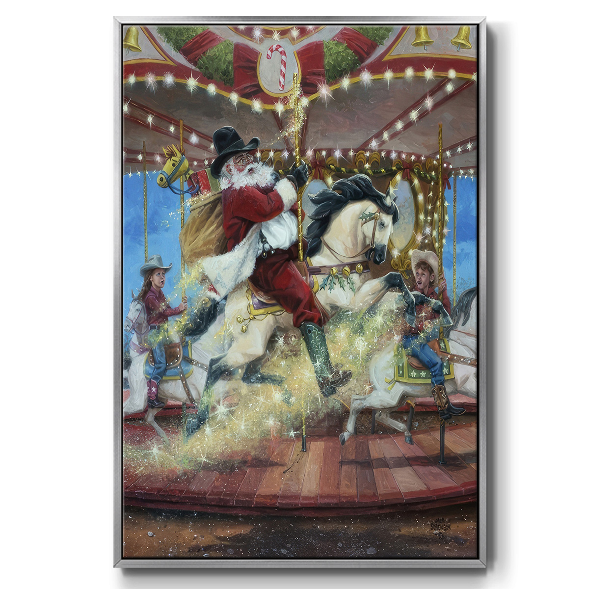 Merry Go Round - Framed Gallery Wrapped Holiday Canvas - 27 x 41 - Silver Frame