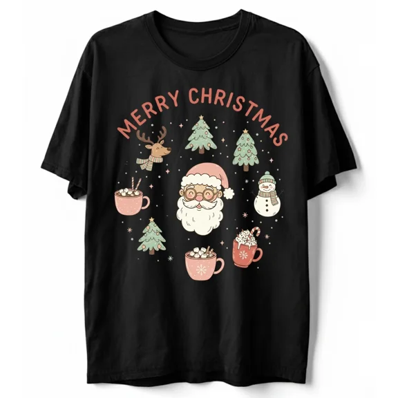 Merry Holiday Cute Cocoa Reindeer Snowman Festive Celebration Unisex T-Shirt, up to size 5XL