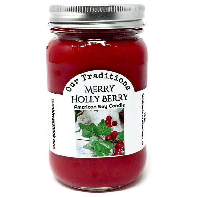 Merry Holly Berry, 16 Oz. Mason Jar, 100% Red Soy Candle, Christmas