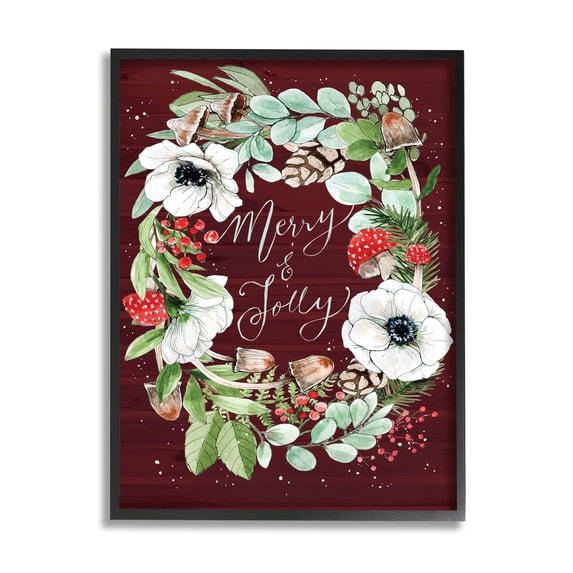 Merry & Jolly Seasonal Mushroom Wreath Holiday Graphic Art Black Framed Art Print Wall Art