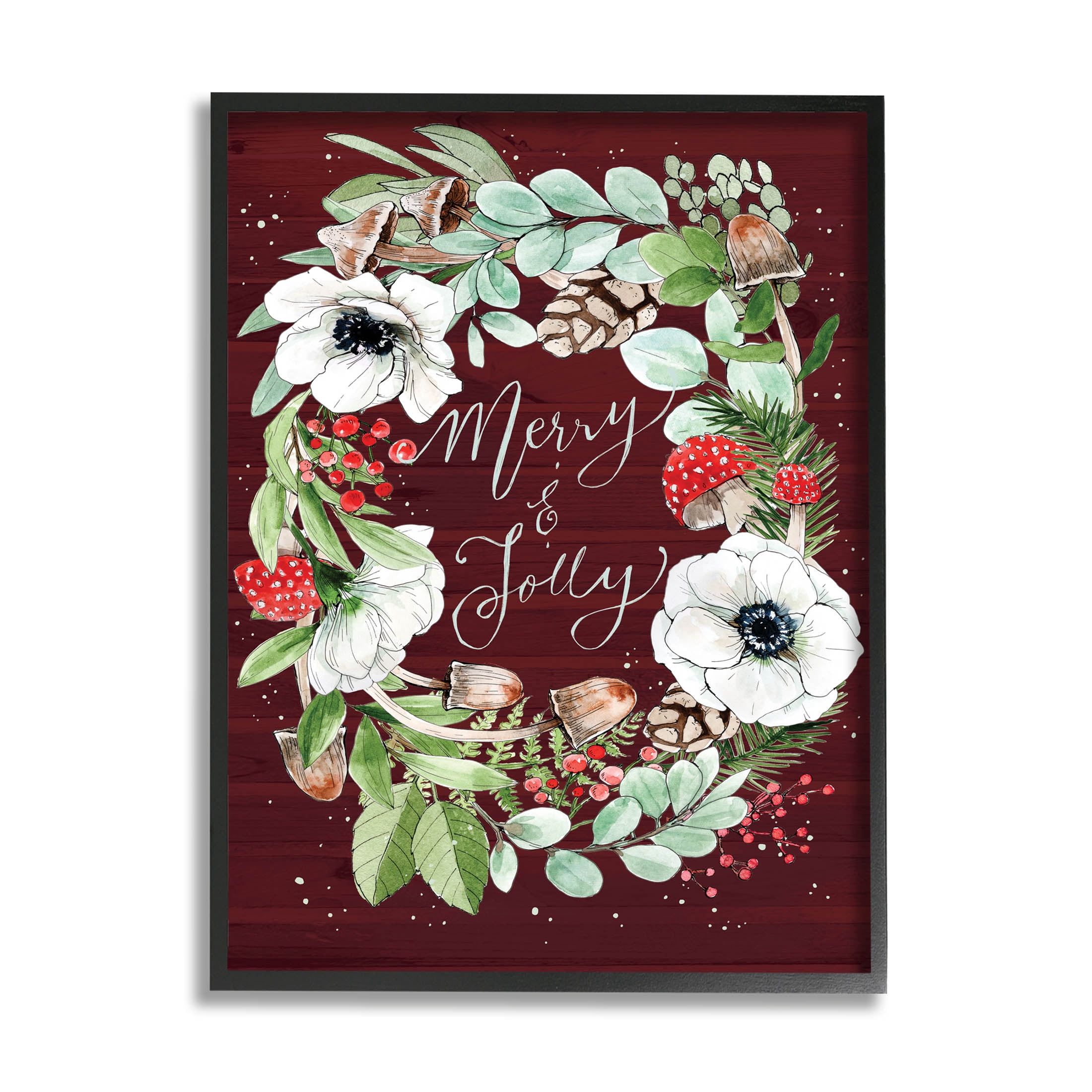 Merry & Jolly Seasonal Mushroom Wreath Holiday Graphic Art Black Framed Art Print Wall Art