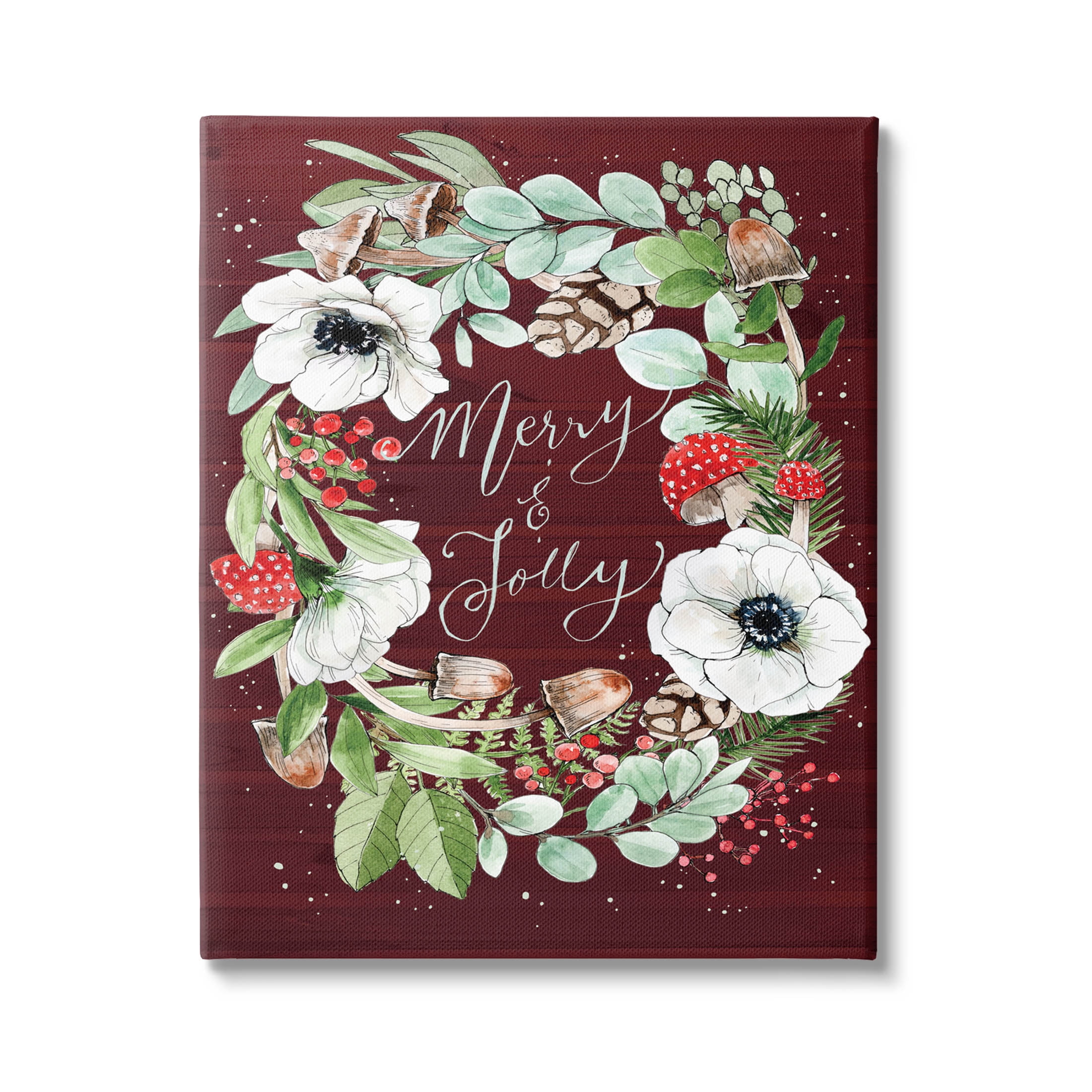 Merry & Jolly Seasonal Mushroom Wreath Holiday Graphic Art Gallery Wrapped Canvas Print Wall Art