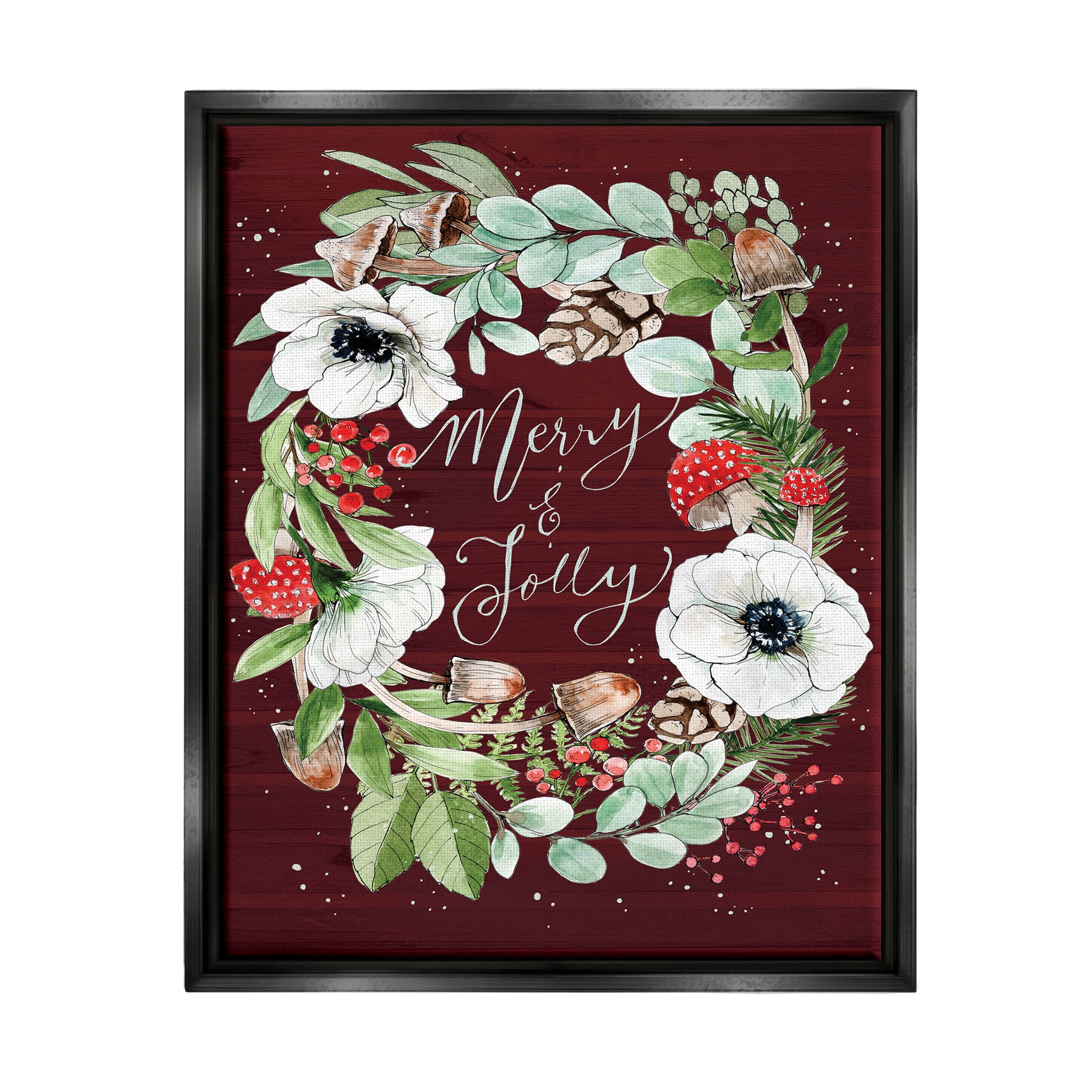 Merry & Jolly Seasonal Mushroom Wreath Holiday Graphic Art Jet Black Framed Art Print Wall Art