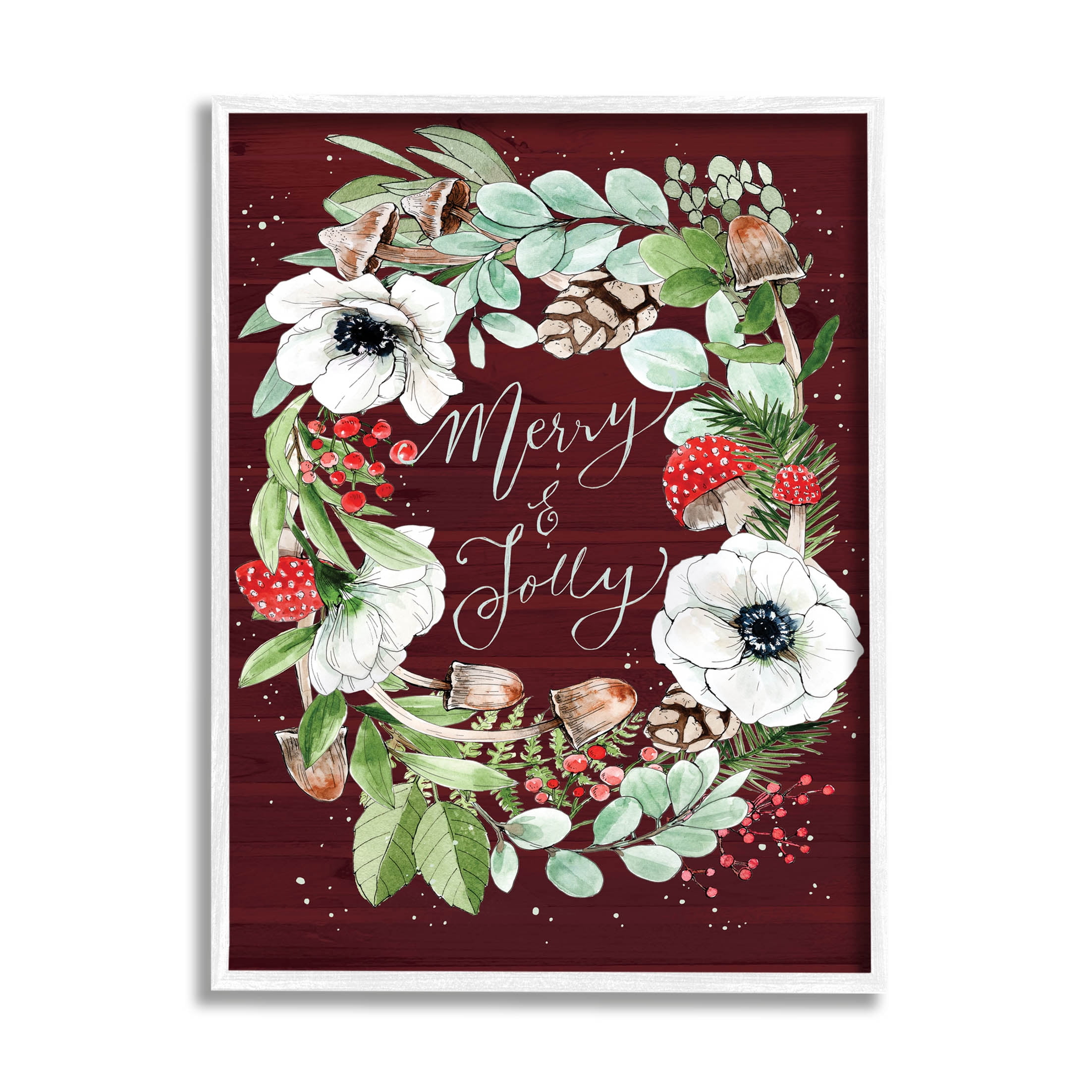 Merry & Jolly Seasonal Mushroom Wreath Holiday Graphic Art White Framed Art Print Wall Art
