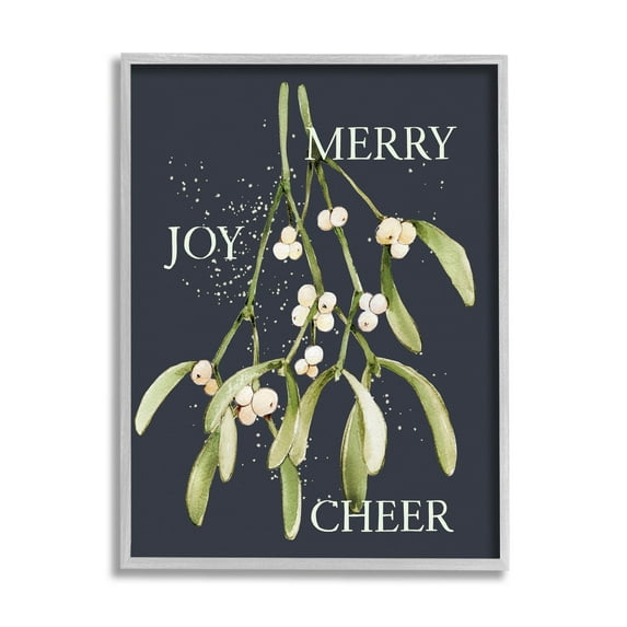 Merry Joy Cheer Holly Berries Holiday Graphic Art Gray Framed Art Print Wall Art