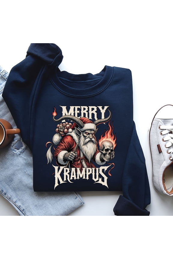 Merry Krampus Christmas Sweatshirt – Gothic Horror Holiday Sweater, Vintage Scary Santa Crewneck, Dark Humor Xmas Gift, Creepy Krampus Shirt