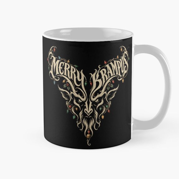 Merry Krampus Horned Folklore Coffee Mug, 11oz Ceramic, Black and Cream Ornamental Holiday Artwork