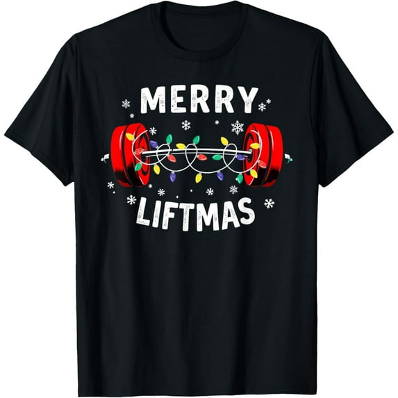 Merry Liftmas Barbell Christmas Tree Lights Weightlifting T-Shirt