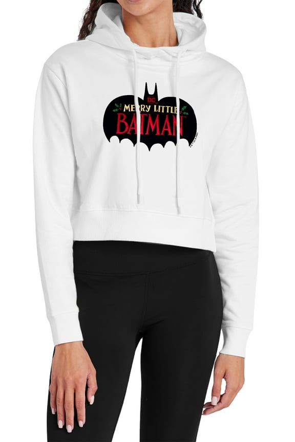 Merry Little Batman Logo Women's Cropped Hoodie Pullover Sweatshirt, White, Large