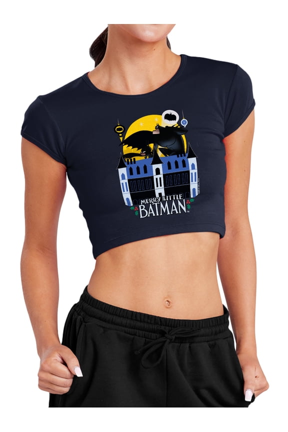 Merry Little Batman Mansion Women's Cap Sleeve Baby Rib Crop Top, Navy, X-Large