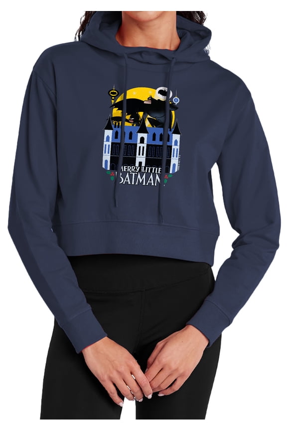 Merry Little Batman Mansion Women's Cropped Hoodie Pullover Sweatshirt, Navy, Large