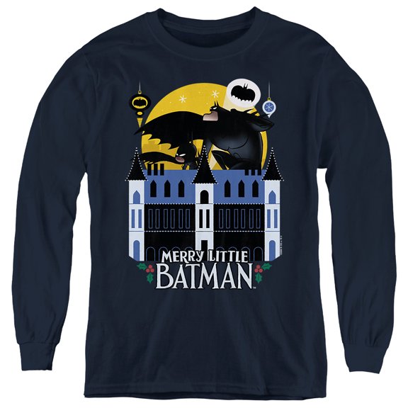 Merry Little Batman Mansion Youth Long Sleeve T Shirt, Navy, Large