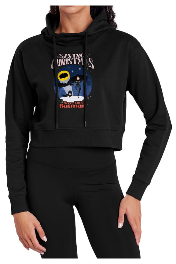 Merry Little Batman Saving Christmas Women's Cropped Hoodie Pullover Sweatshirt, Black, 2X-Large