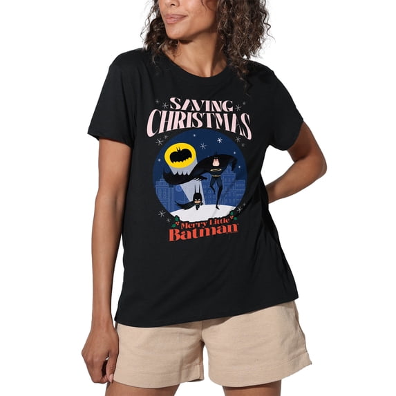 Merry Little Batman Saving Christmas Women's Loose T-Shirt, Black, Medium