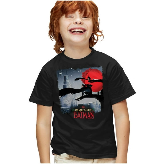 Merry Little Batman Skyline Kids T Shirt for Youth Boys and Girls, Black, Small