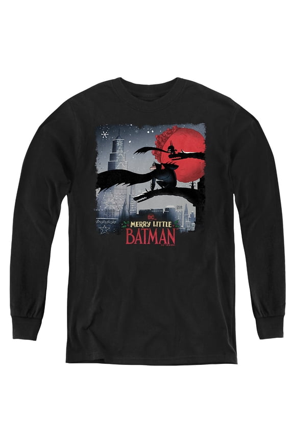 Merry Little Batman Skyline Youth Long Sleeve T Shirt, Black, Large