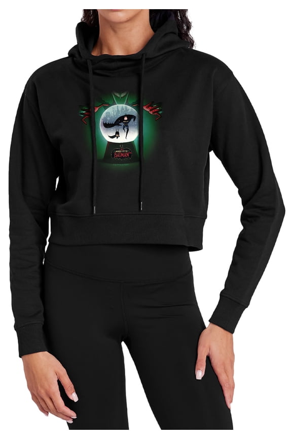Merry Little Batman Snowglobe Women's Cropped Hoodie Pullover Sweatshirt, Black, 2X-Large