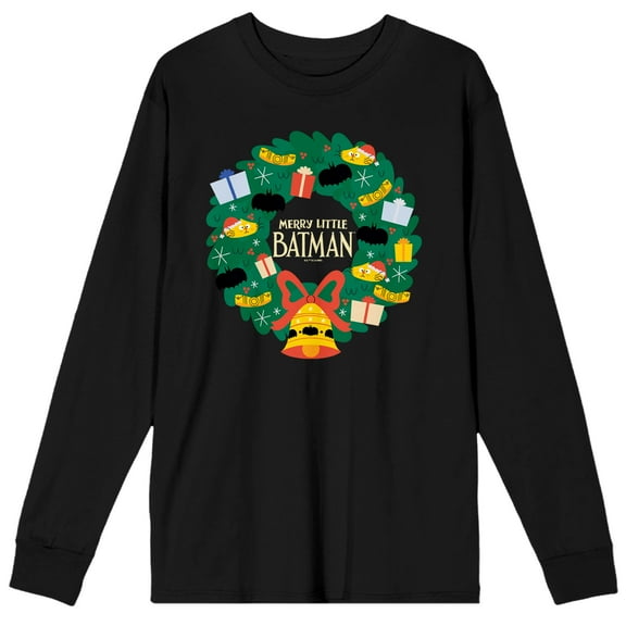 Merry Little Batman Wreath Logo Adult Black Crew Neck Long Sleeve Tee