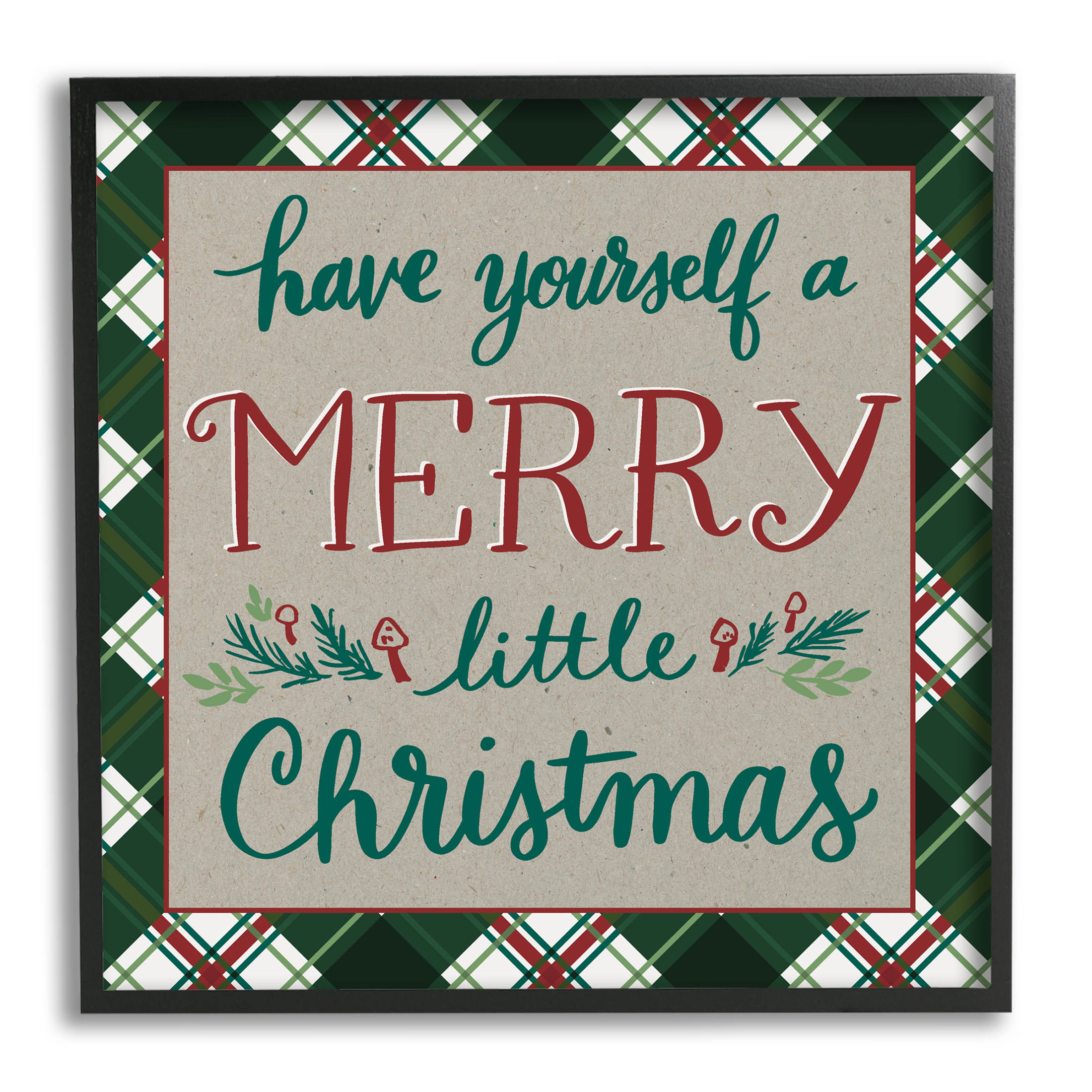 Merry Little Christmas Plaid Holiday Holiday Graphic Art Black Framed Art Print Wall Art