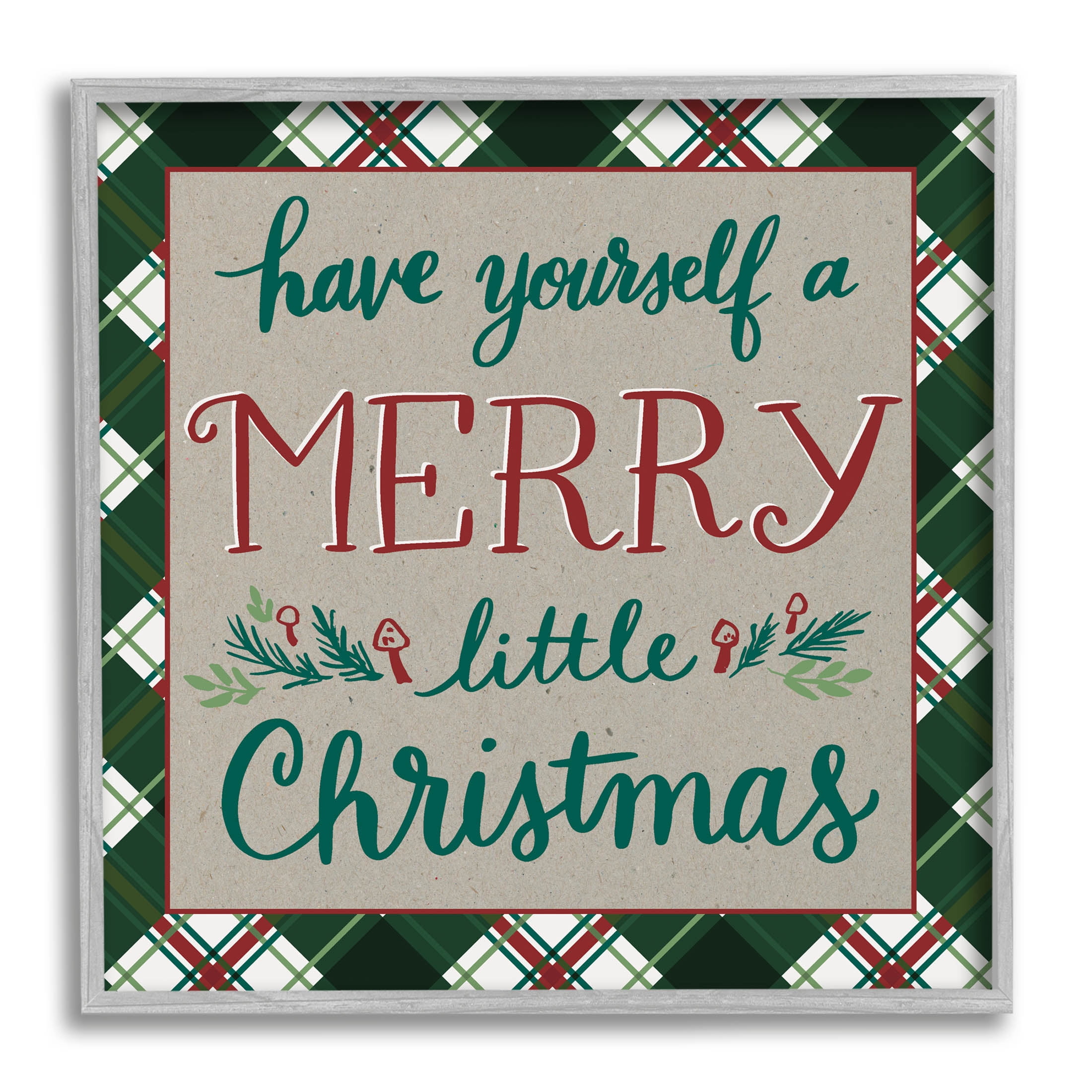 Merry Little Christmas Plaid Holiday Holiday Graphic Art Gray Framed Art Print Wall Art